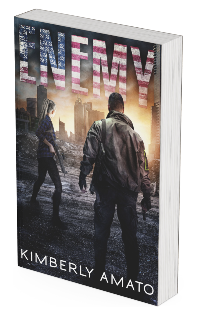 Enemy title, a woman and a man on the cover with weapons, standing in front of a dystopian city.